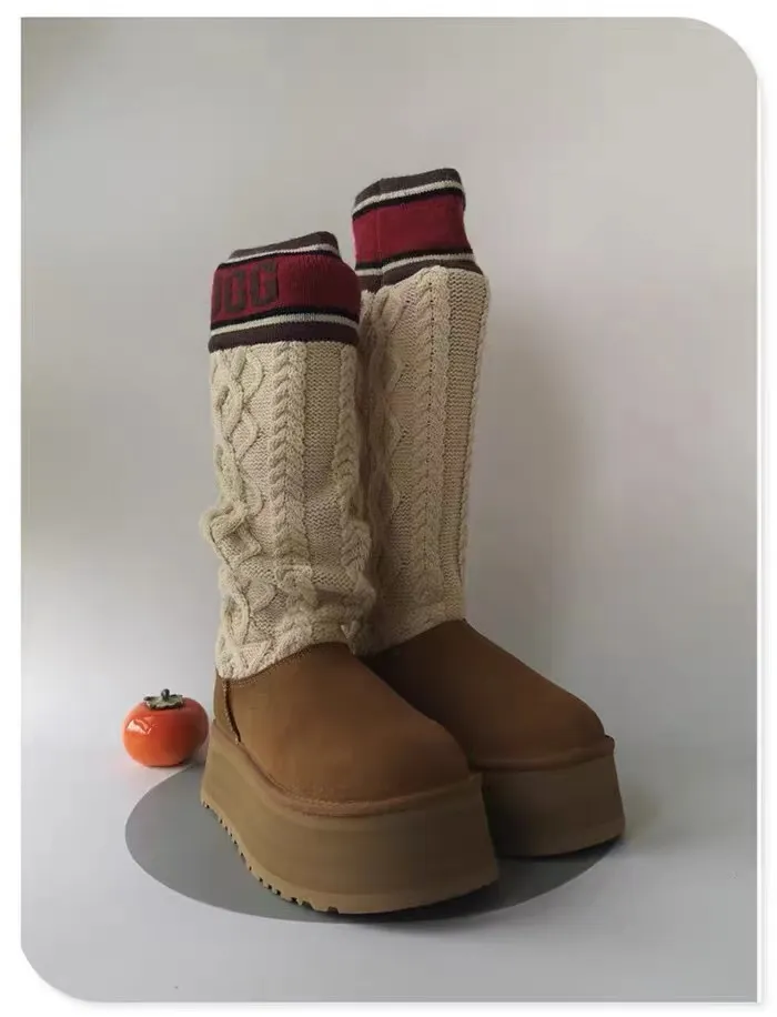 💰600 UGG sheepskin all-in-one snow boots 4045 UGG snow boots new winter pure hand-knitted wool socks and fur all-in-one warm anti-slip high cotton boots Color: maroon black Matching code: 35-40